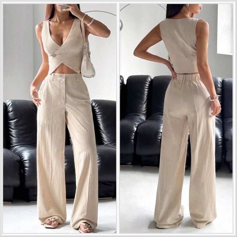 Sleeveless Beige Wrap Crop Top & Wide-Leg Pants Set